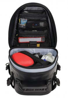 Photo of Hurricane Dual Sport Tail Bag (SE-4012) on white background open, showing contents